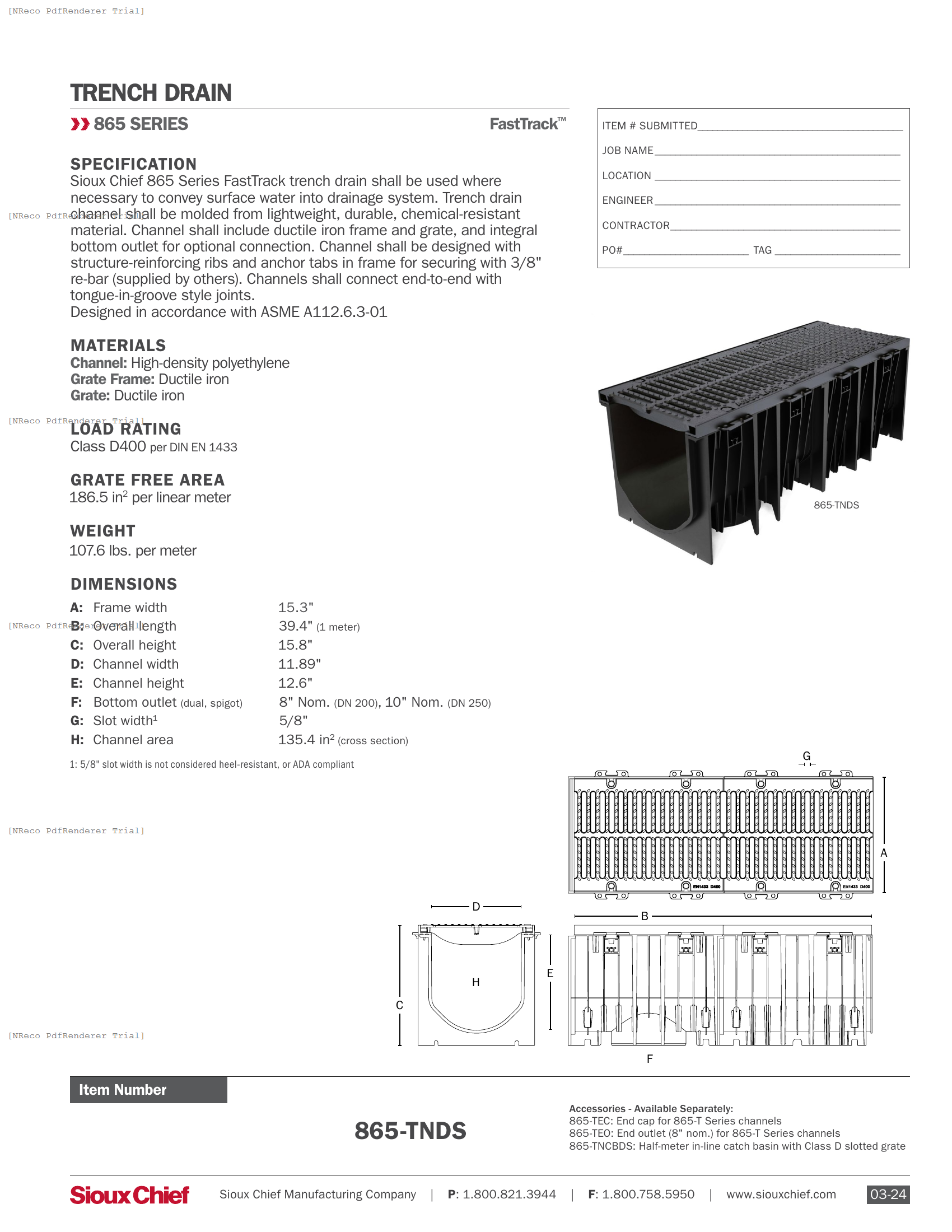 865-TNDS - FASTTRACK LARGE-CAPACITY TRENCH DRAIN - SPEC SHEET.PDF Specification Document